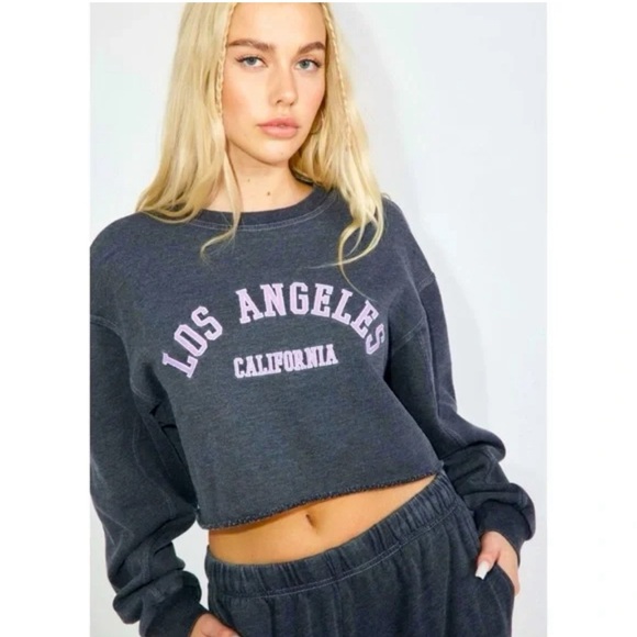 Garage Embroidered Los Angeles California Charcoal Cropped Crew Neck Sweater - Picture 1 of 6